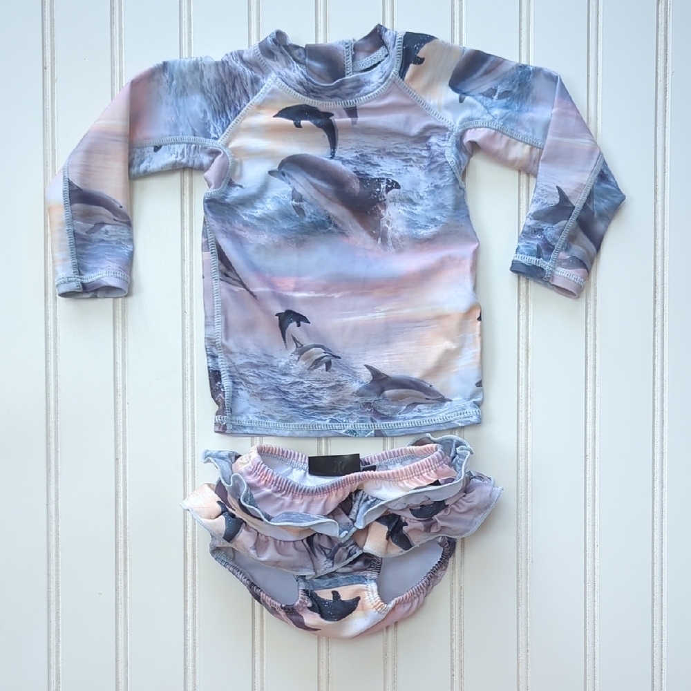 Molo Dolphin Print Kids Swim Rashguard Set - Blue and Pink